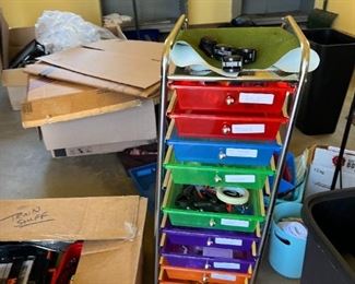Colorful Stack of Drawers with Assorted Supplies (some for model trains) $15