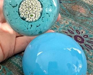Murano Paperweight (rear) & Baccarat Blue Opaline Paperweight (front)
