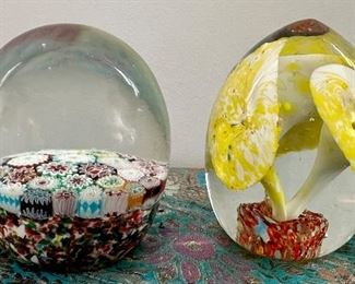 Murano Millefiori (left) & 3 Yellow Flowers (right) Paperweights