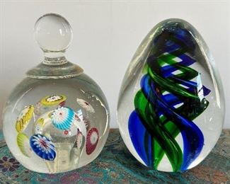 Murano Paperweight (left) & Blue & Green Swirl Paperweight (right)