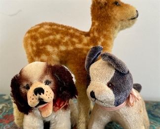 Vintage Doe Toy (rear), 1950's Steiff 3310 Dog (left), Vintage Dog (right)