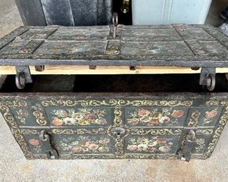 Vintage German Hand Painted Trunk with Elaborate Locking Mechanism