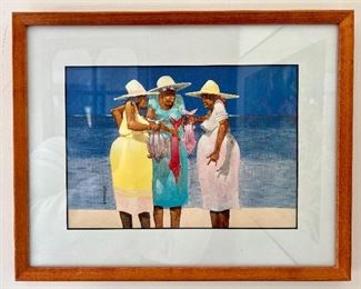 "Three Women with Fish" Watercolor, Signed