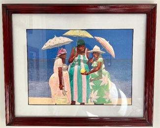 "Three Women with Umbrellas," Signed Watercolor