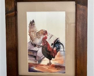 Roosters Watercolor, Signed