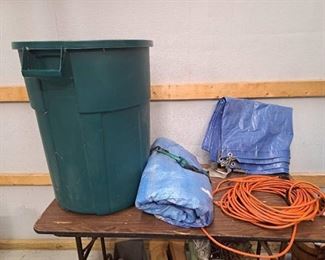 Trash Can, 2 tarps, extension cord