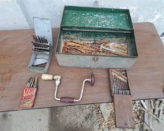 Toolbox with assorted tools. brace and bits, drill bit index