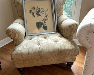 Vintage tufted side chair, vintage artwork