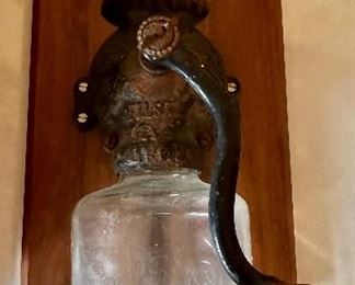 Antique Coffee Grinder on Wood Wall Plaque