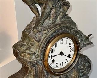 Extremely unusual Mantle Clock.  the Clock body is Cast Iron with an opening cover for Clock.  Revolutionary Soldier on top of clock 