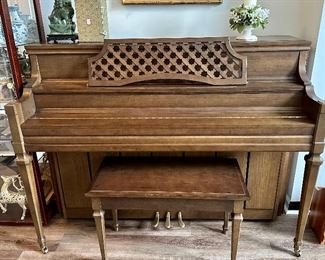 Piano by Kawai - btw the top comes off to give it the same rich sound as a baby grand, but without hogging all the space!  Made in Japan, Circa 1980's Model 202-M