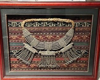 This is a Sterling Silver and beaded antique  necklace, that sits atop an exquisite Persian Rug, all beautifully framed.  This necklace was a show of wealth in days of yore.  It really  is  a spectacular piece!