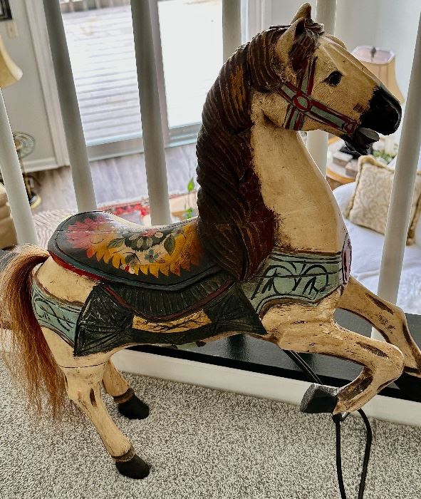 Antique Hand-Made Carved and Painted Horse with Stand