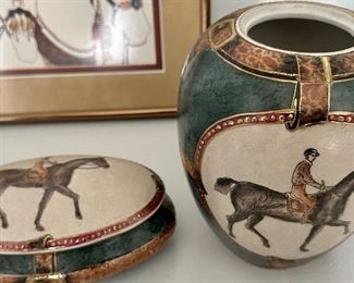 Two interesting vessels- the one on the right is an urn (no cover) and on the left is a covered dish, both reflecting the owners’ love of horses.