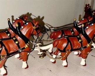 Full of kegs - look at the bottles posing as wagon drivers!Horse drawn wagon! Clydesdale Horses.  Cast Iron Toy.