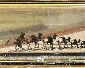 "The Seven Sands from the Emirates". This is a Glass Framed Diorama with different colored sands from different States of the United Emirates in Original Box. New.