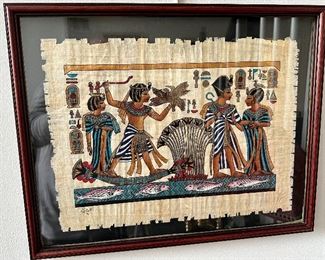 Hand-Painted Egyptian Painting on Papyrus in Frame.