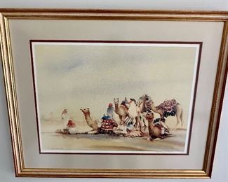 Signed Painting depicting 5 Camels resting in the Desert
