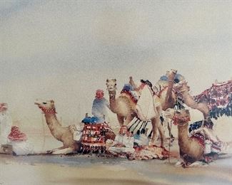 Signed Painting depicting 5 Camels resting in the Desert