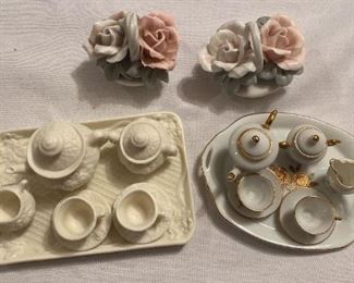 Two Miniature Tea Sets And Two Rose Baskets
