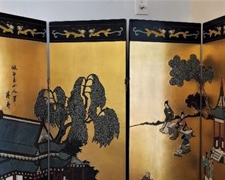 Vintage Asian folding screen with mother-of-pearl and hand painted