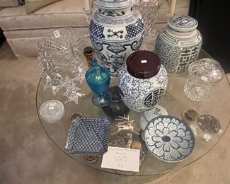 A table of blue and white Imari, Celski Crystal, blue Fenton stretch glass