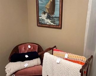 Hand made Afghans and an original oil framed painting of a ship. 
