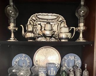 Silver coffee pots, a silver tray, Wedgewood  Jasperware, a lovely bell collection and more.
