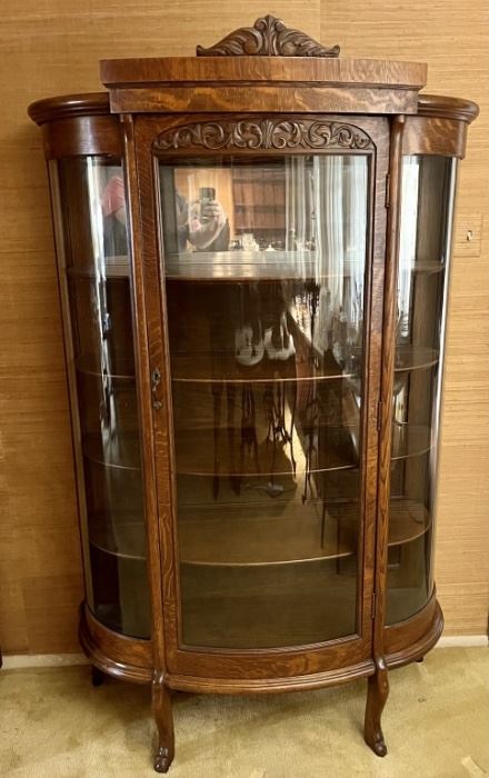 Vintage Victorian Oak Curio w/ Rounded Glass Front