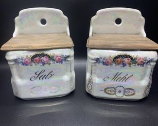 (2) Vtg. Porcelain: Salt & Flour Wall Boxes, 1/5
