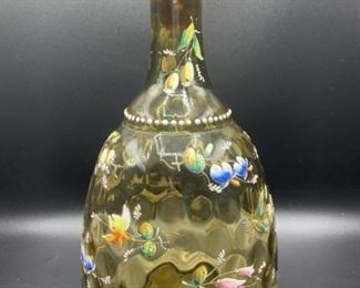 Antique Hand Painted Amber Blown Glass Decanter