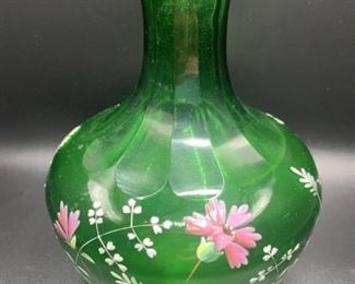 Antique Hand Painted Green Blown Glass Vase