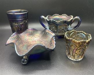 (4) Vintage - Antique Carnival Glass: Tumbler, Vase, Bon Bon, & Footed Handkerchief Bowl