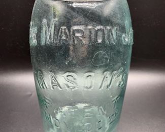 Antique Marion Jar Green Glass Mason's Canning Jar