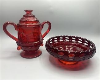 (2) Vtg. Amberina Handled Footed Sugar w/ Lid +
Footed Dish w/ Lattice Edge