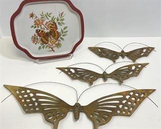 Vintage WallMountable Brass Butterflies And Decorative Plate