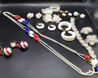 Vintage Costume Jewelry White Toned ClipOns, Necklace And Bracelet