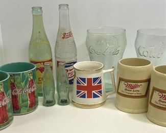 Vintage Cola Bottles, Glassware, Salt Pepper Shakers And Mugs