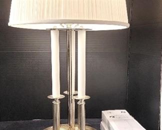 Vintage Brass Triple Candlestick Bouillotle Lamp W Accordion Pleated Shade 25.5 And More