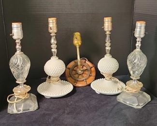Two White Milkglass Hobnail 12.5 Lamps, Two Clear Glass 12.5 Lamps And A Sailor Wheel Light That Hangs On Wall