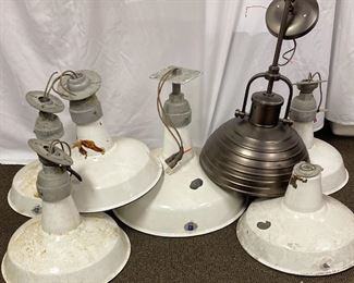 Seven Pendant Lights, 5 12.5 Diameter White, 1 16 Diameter White, 1 12 Oilrubbed Bronze Finish