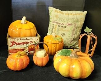Pumpkin Fall Decor 2 Cookie Jars, Throw Pillow, Small Wooden Crate  More