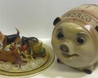 Porco Piggy Bank And Other Assorted Figurines And Decorative Glassware