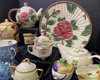 Porcelain Serving Piece Variety Of Teapots, Creamer, Sugar, Mugs