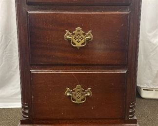 Nightstand 14.25x15x26.5 Dark Wood, Three Drawers, Ornate Brass Handles