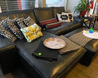 IKEA Black Leather Modern sectional with Ottoman