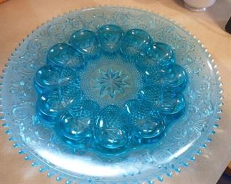 Blue depression glass egg plate