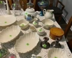 Lenox, Carnival Glass lidded candy compote.  Wood box, silverplate candle sticks.