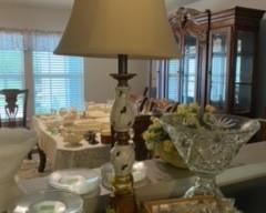 Punch Bowl on stand with cups and glass serving piece to match.  Lamp and glass dessert plates sold in groups of six.