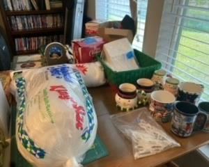 Holiday mugs, sewing items, luminaries, other holiday items,